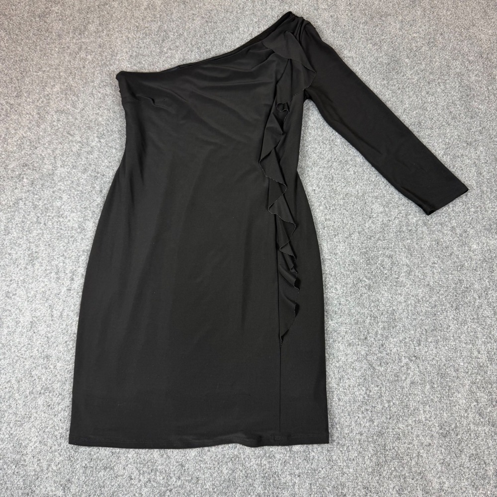 Nine West One Shoulder Ruffle Cocktail Dress Black Size 4 Asymmetrical Sleeve